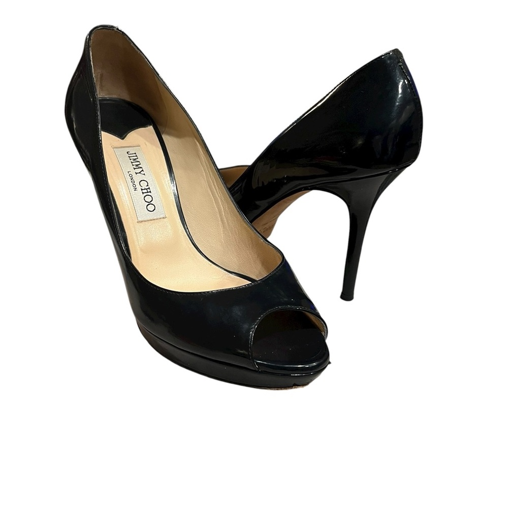 Jimmy Choo Black Patent Leather Peep Toe Pumps